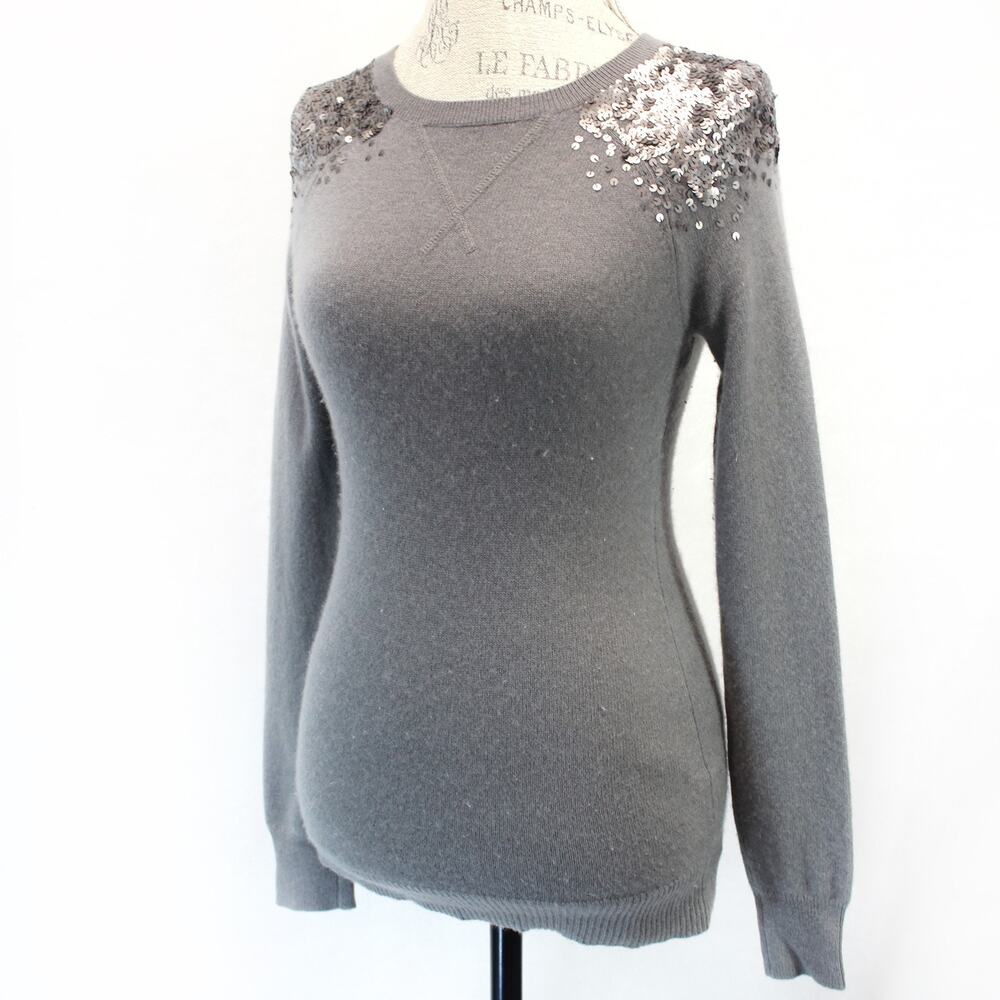5F BERGDORF GOODMAN Autumn 100% Cashmere Gray Pullover Sweater Cozy Sequins XS